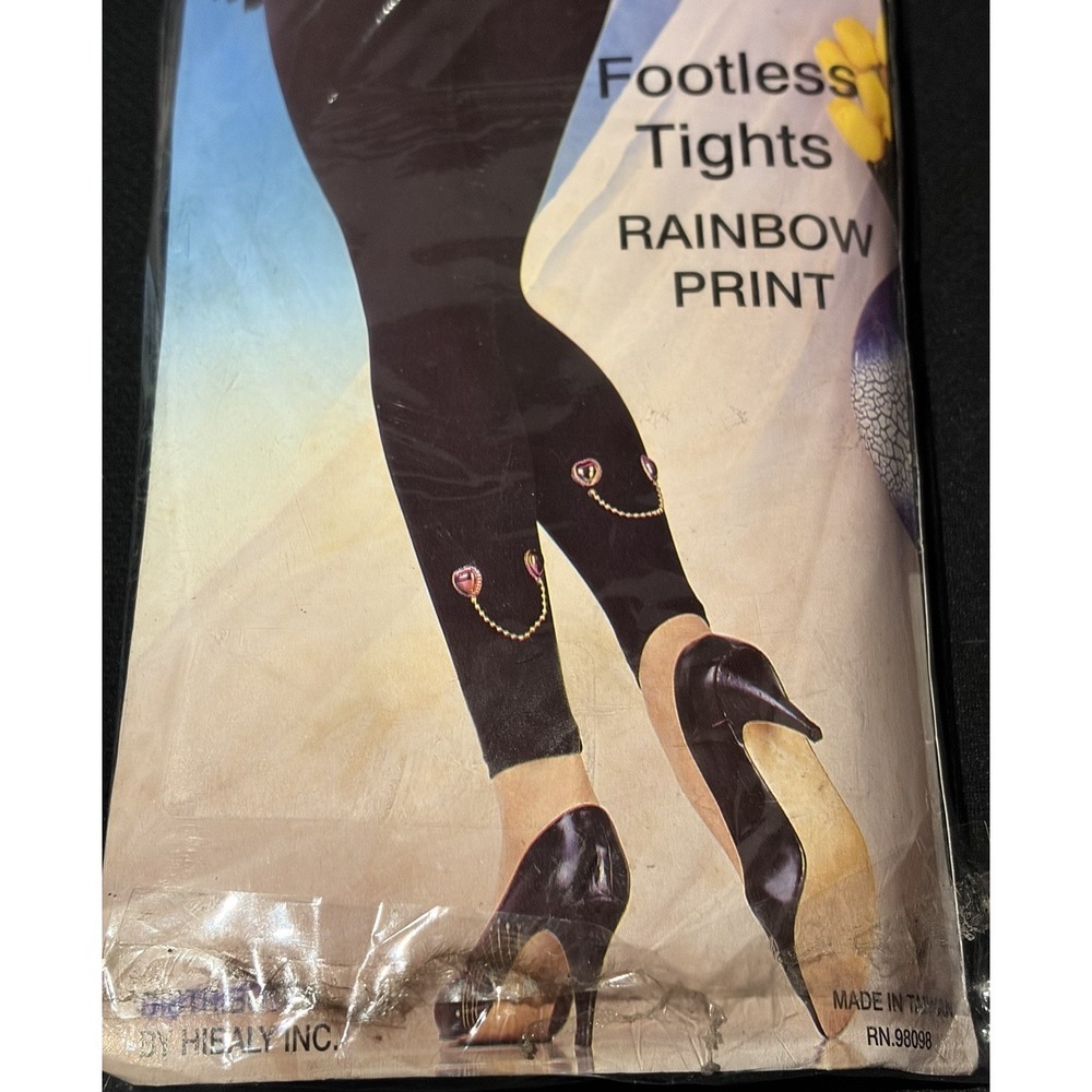 Vtg 80s 90s Black Footless Tights Rainbow Heart Charm 100–175 lbs, 5'–5'10" - Picture 2 of 9